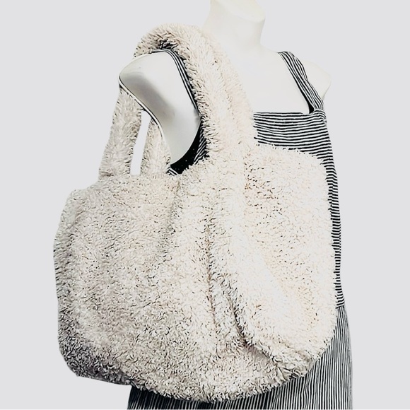 a new day Handbags - a new day Off White Faux Fur Teddy Sherpa Two Handle Tote Bag Carry On Purse